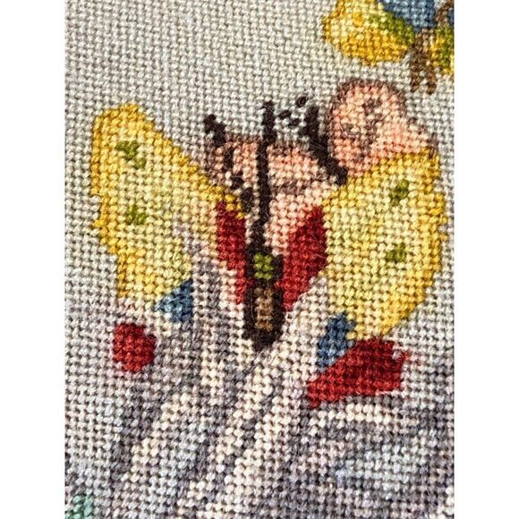 Vintage Embroidery Needlepoint Pillow Case Butterfly Flowers - Picture 5 of 10